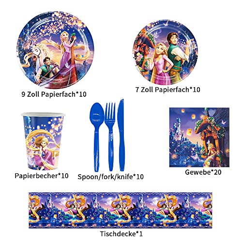 LKNBIF Rapunzel Partygeschirr Decoration Prinzessin Partygeschirr Set Rapunzel Party Supplies Inklusive wiederverwendbarer Dekorationen wie Teller Taschentücher Tassen etc. (10 Personen)