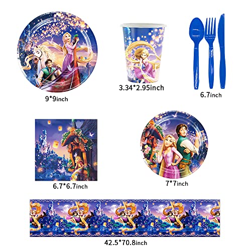 LKNBIF Rapunzel Partygeschirr Decoration Prinzessin Partygeschirr Set Rapunzel Party Supplies Inklusive wiederverwendbarer Dekorationen wie Teller Taschentücher Tassen etc. (10 Personen)