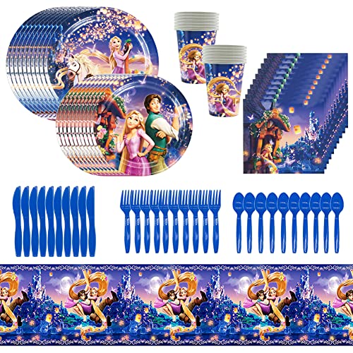 LKNBIF Rapunzel Partygeschirr Decoration Prinzessin Partygeschirr Set Rapunzel Party Supplies Inklusive wiederverwendbarer Dekorationen wie Teller Taschentücher Tassen etc. (10 Personen)