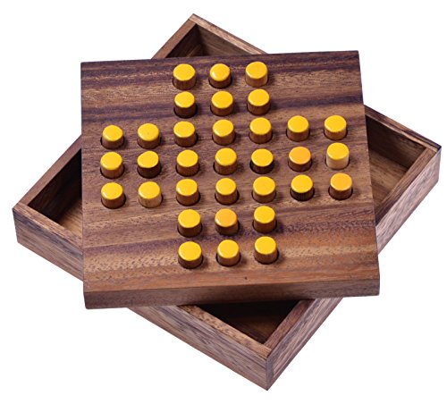 LOGOPLAY Solitaire tamaño L - Solitaire - Juego de conectar - Juego de adivinanzas - Juego de Paciencia - Juego de lógica Hecho de Madera - Tapones Amarillos Amarillo Gr. L 13,5 x 13,5 x 3 cm