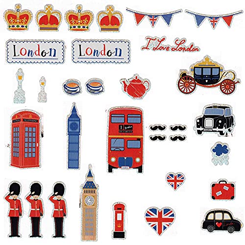 London Fancy Icons - Juego de pegatinas con diseño de Big Ben, coronas, carruaje dorado del estado, guardia real, bigotes británicos, tazas de té y hervidor de agua, corazón de la bandera británica,