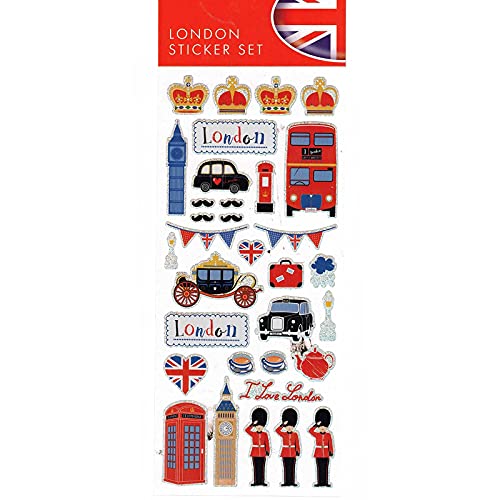 London Fancy Icons - Juego de pegatinas con diseño de Big Ben, coronas, carruaje dorado del estado, guardia real, bigotes británicos, tazas de té y hervidor de agua, corazón de la bandera británica,