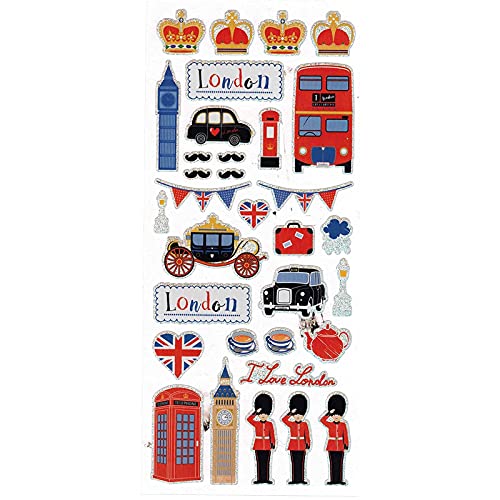 London Fancy Icons - Juego de pegatinas con diseño de Big Ben, coronas, carruaje dorado del estado, guardia real, bigotes británicos, tazas de té y hervidor de agua, corazón de la bandera británica,