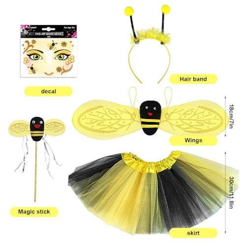 Lotvic Disfraz de Abeja, Set de Disfraz Abeja Niño, 5 Piezas Disfraz Niña de Abeja, Disfraz de Abeja Para Niña con Alas, Diadema de Antena, Abeja Vestir para Cosplay Halloween Carnaval Vestir