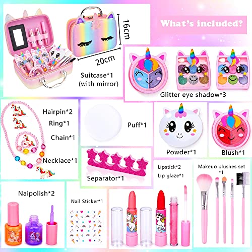 Lubibi 25 Pcs Unicornio Set de Maquillaje Lavable para niños Lápiz Labial Esmalte de uñas Kit de cosméticos Reales de Seguridad Probada Juguete cumpleaños Navidad Regalo y para niñas 456789 10