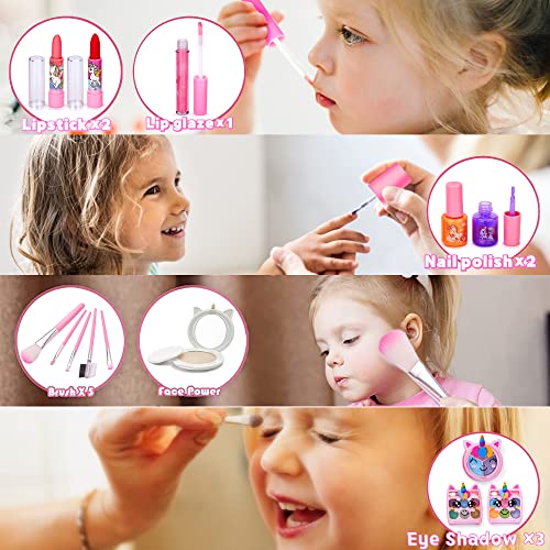 Lubibi 25 Pcs Unicornio Set de Maquillaje Lavable para niños Lápiz Labial Esmalte de uñas Kit de cosméticos Reales de Seguridad Probada Juguete cumpleaños Navidad Regalo y para niñas 456789 10