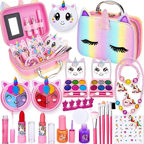 Lubibi 25 Pcs Unicornio Set de Maquillaje Lavable para niños Lápiz Labial Esmalte de uñas Kit de cosméticos Reales de Seguridad Probada Juguete cumpleaños Navidad Regalo y para niñas 456789 10