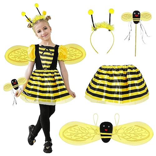 LUFEIS Disfraz de Abeja,4 Piezas Disfraz Abeja Niña,Disfraz de Abejita,Trajes de Abejas,Set de Disfraz Abeja Niño,Alas de Abeja,Abeja Vestir para Cosplay Halloween Carnaval Vestir