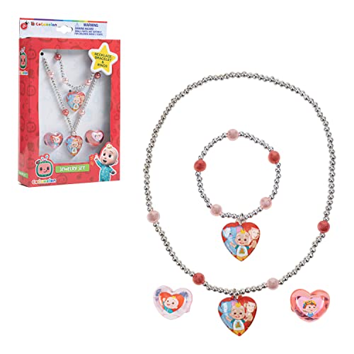 LUV HER CoComelon - Joyero de 4 piezas para niñas con anillos de plata, pulsera de cuentas y collar a partir de 3 años