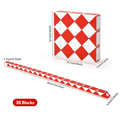 Magic Snake de 36 Bloques, Twisty Puzzle Ruler, Maomaoyu Serpiente Mágica, Rompecabezas Cubos para Llenadores de Bolsos para Fiestas para Niños y Adultos (Rojo y Blanco)