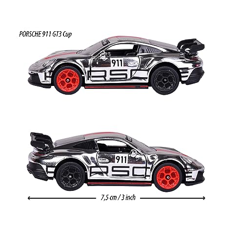 Majorette - Porsche Motorsport Deluxe 911 GT3 Cup en Plata - Modelo de Coche (7,5 cm) de Porsche Deluxe Car Edition con Caja de colección, Coche de Juguete para niños a Partir de 3 años