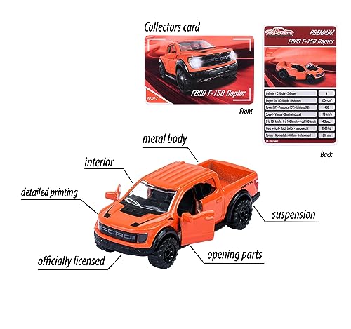 Majorette – Premium Cars – Ford F-150 Raptor (7,5 cm) con Tarjeta de colección, Rueda Libre, Piezas para Abrir y suspensión, Modelo pequeño para niños a Partir de 3 años