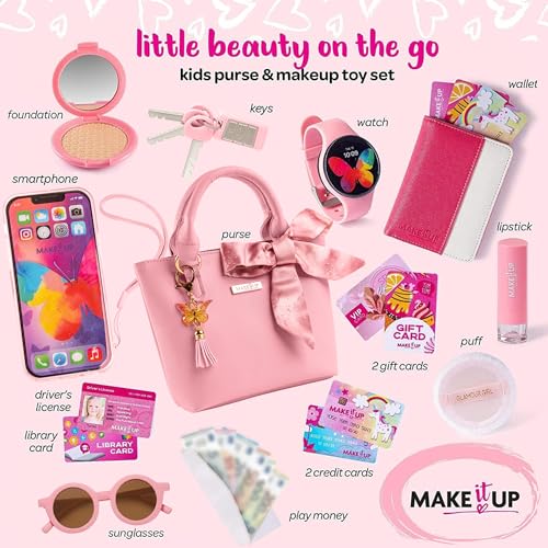 Make it Up Little Beauty On The Go Pretend Play Kids Purse and Makeup Toy with Princess Pretend Makeup Smartphone Wallet Keys Credit and VIP Cards Play Set for Girls, Ages 3+ Euro Addition