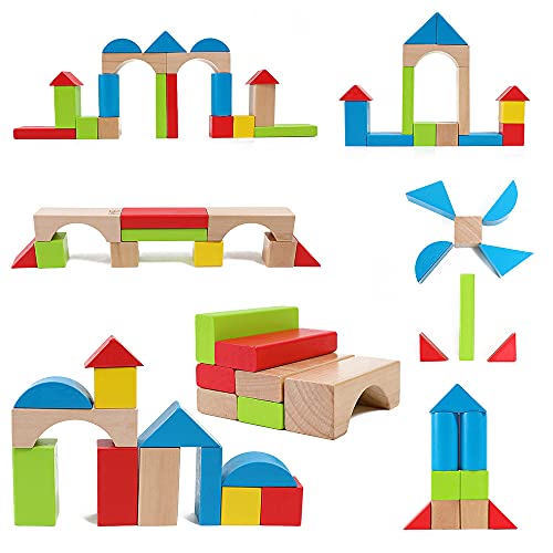 Maple Blocks Kids Wooden Building Blocks by Hape , Stacking Wooden Block Educational Toy Set for Toddlers, 50 Brightly Coloured Pieces in Assorted Shapes and Sizes