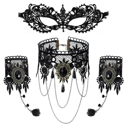 Máscara de ojos de encaje sexy con collar de pulsera, juego de máscara de Mardi Gras Mascarilla media máscara veneciana Máscara de bola fiesta disfraz de fantasía Accesorios Halloween Carnaval Cosplay