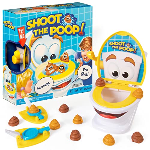 Maya Games Shoot The Poop – Juego familiar divertido, juego de caca de descarga rápida y frenética para niños – incluye taza de inodoro hablante, lanzadores de la dexteridad, 12 caca de plástico suave