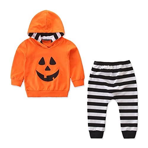 MeiLyviba Disfraz de Halloween para niños a rayas estampadas espeluznante fantasma de manga larga disfraz de papelería bebé fiesta de cosecha calabaza conjunto unisex divertido ropa mono + sombrero