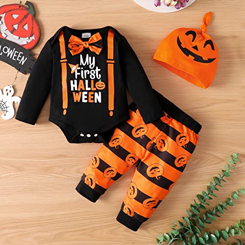 MeiLyviba Disfraz de Halloween para niños, disfraz de fantasma, unisex, divertido, juego de ropa a rayas estampadas, papelería, pelele para bebé, mono + sombrero, cómic, juego de calabaza para niñas,