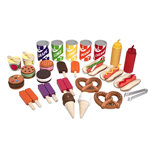 Melissa & Doug Carro de bocadillos y dulces de madera, Comida de madera, Juego de imitación, Gran set de juego con accesorios de calidad óptima, Tienda o restaurante para jugar, Regalo para niños 3+