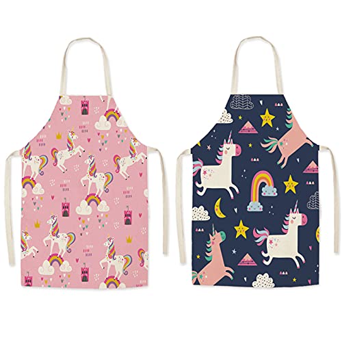 mellystore Delantal para Niñas 2PCS Delantal Infantil Unicornios Delantal para Niños de Tela Delantal Infantil para Niños Niñas para Cocinar Pintura Artesanal Negro Rosa 8-12 Años