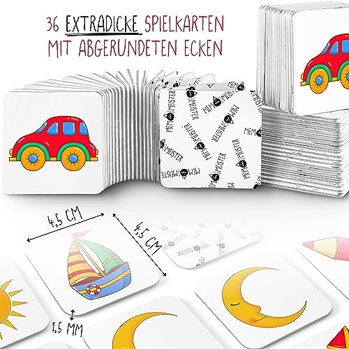 Memo Meister Memo Juego de cartas para niños a partir de 3 años de tres-queso alto, juego de memoria con 36 tarjetas (18 pares), regalo para los más pequeños con tarjetas extragruesas de 4,5 x 4,5 cm