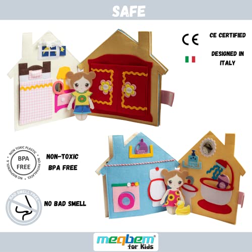 meqbem® Quiet Book | Libro de Tela Sensorial Educativo | Juguete Montessori de Desarrollo para Bebé y Niños | No Tóxico con Certificado CE (My Small Room)