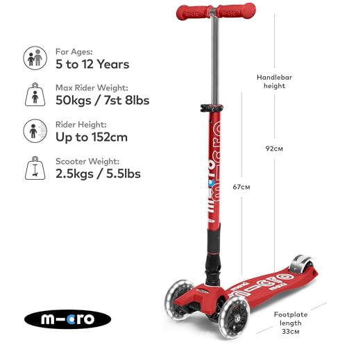 Micro® Maxi Deluxe Plegable LED, Patinete 3 Ruedas, 5-12 Años, Peso 2,5kg, Carga Máx 70Kg, Altura 67-91 cm, Plataforma Antideslizante Polipropileno (Flexible, Alta Resistencia) (Rojo)