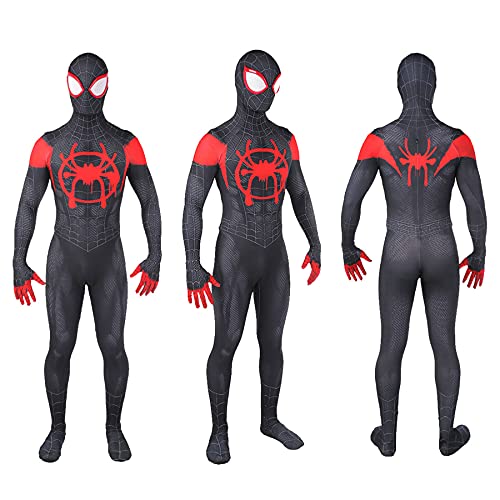 Miles Morales Onesies Cosplay Disfraz De Superhéroe Halloween Body para Adultos Lycra Spandex Zentai Ropa Kid Jumpsuit Tights Onesuit Attire,Black-S Men(155~160CM)