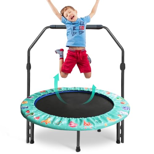 Mini trampolín Ø 92 cm Cama elástica Infantil con Mango Ajustable, trampolín para niños Plegable para Interior o Exterior, Capacidad de Carga 60 kg, Verde