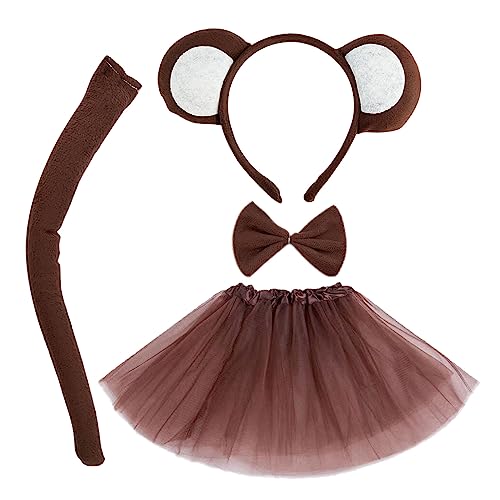 MIVAIUN 4 Piezas Disfraz de mono Animal Disfraz Conjunto Cola Pajarita Diadema Tutu Falda Conjunto para Adultos Niños Vestir Halloween Escenario Rendimiento Carnaval Cosplay Fiesta