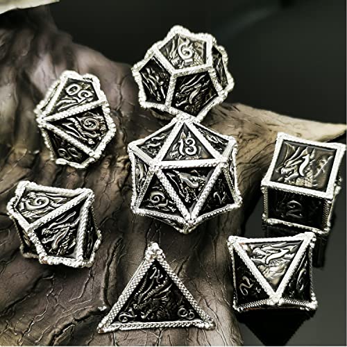 MJDICEOK Juego de dados de dragón de metal DND 7 juego de dados Dados D&D mazmorras y dragones (plata negro)