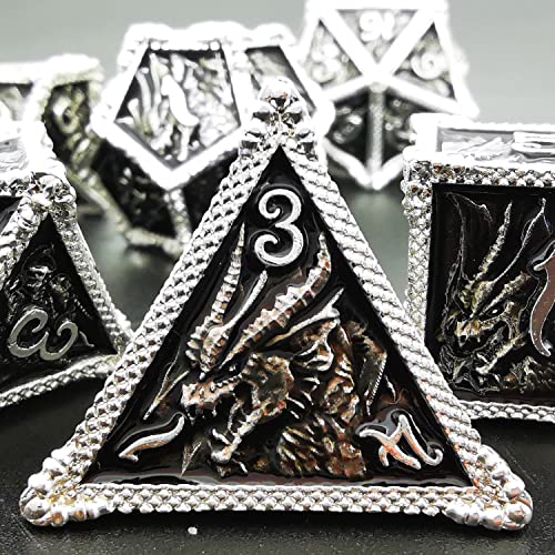 MJDICEOK Juego de dados de dragón de metal DND 7 juego de dados Dados D&D mazmorras y dragones (plata negro)