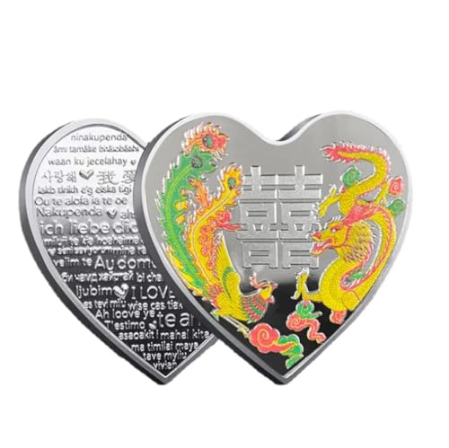 Moneda Conmemorativa Moneda de la Suerte China Moneda de colección de dragón fénix en Forma de corazón para Recuerdo de Mascota Animal Amante
