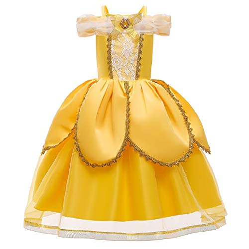 MYRISAM Disfraz de Carnaval Vestidos de Princesa Belle para Niñas Traje de Halloween Navidad Cumpleaños Fiesta Ceremonia Aniversario Cosplay Bella y Bestia Costume con Accesorios 3 años