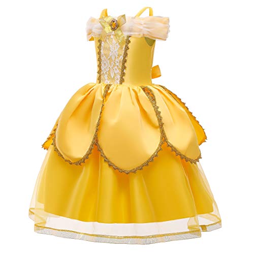 MYRISAM Disfraz de Carnaval Vestidos de Princesa Belle para Niñas Traje de Halloween Navidad Cumpleaños Fiesta Ceremonia Aniversario Cosplay Bella y Bestia Costume con Accesorios 3 años