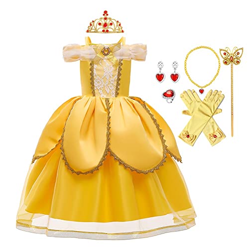 MYRISAM Disfraz de Carnaval Vestidos de Princesa Belle para Niñas Traje de Halloween Navidad Cumpleaños Fiesta Ceremonia Aniversario Cosplay Bella y Bestia Costume con Accesorios 3 años