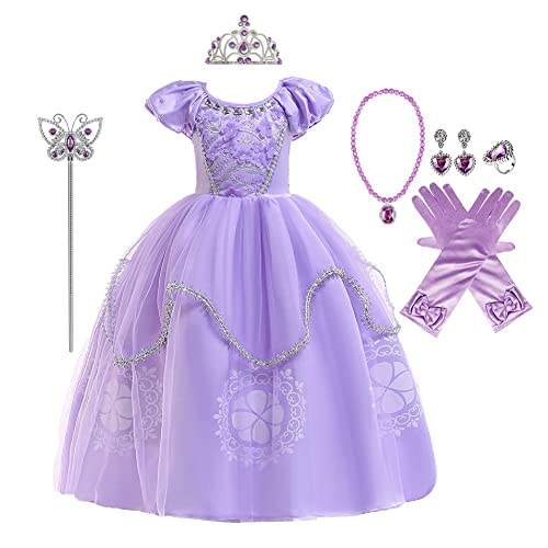 MYRISAM Vestidos de Princesa Sofia para Niñas Disfraz de Carnaval Rapunzel Traje de Halloween Navidad Cumpleaños Fiesta Ceremonia Aniversario Cosplay Vestir con Accesorios 4-5 años