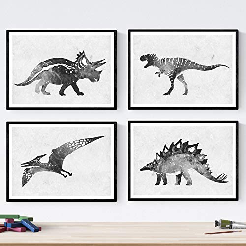 Nacnic Pack de Posters de Dinosaurios Acuarela Negro. Láminas de Dinosaurios para niños. Tamaño A3 con Marco