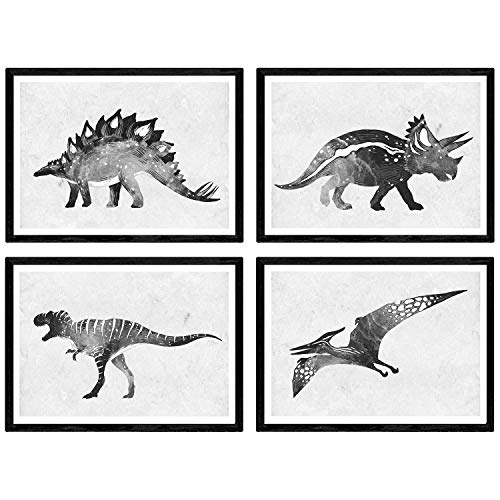 Nacnic Pack de Posters de Dinosaurios Acuarela Negro. Láminas de Dinosaurios para niños. Tamaño A3 con Marco