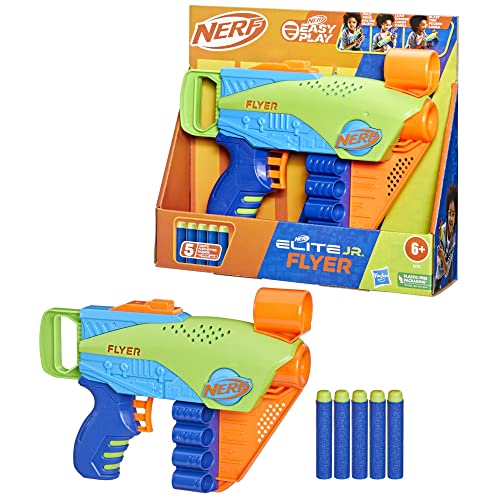 Nerf - Lanzador Elite Jr Flyer Easy-Play - 5 Dardos Nerf Elite - Juegos Exteriores - A Partir de 6 años - Fácil de sostener, Cargar y lanzar