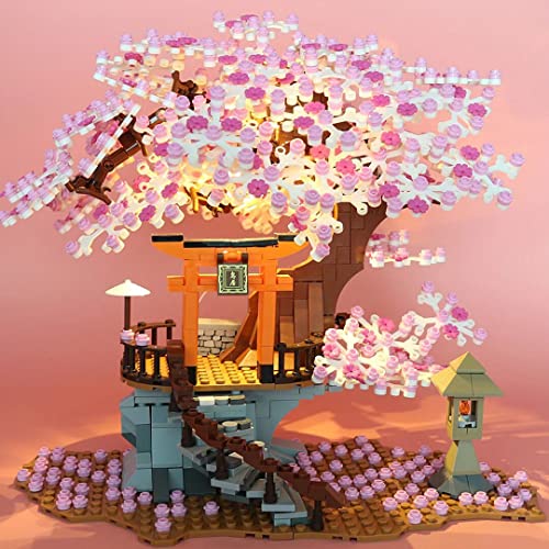 NEWRICE Casa del árbol de Sakura Juegos de Bloques de construcción con Luces,Kit de construcción del Santuario Inari,para Adultos o Mayores de 10 años,niños y niñas (1103 Piezas)