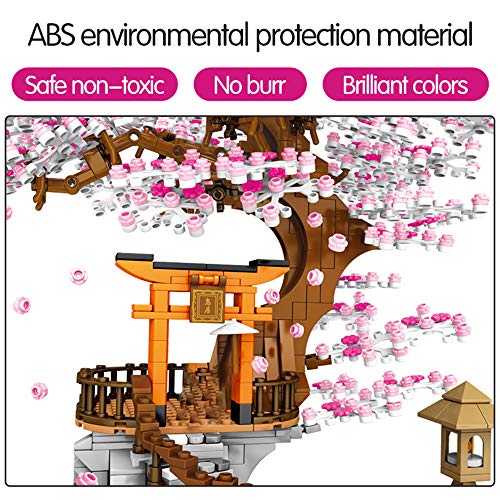 NEWRICE Casa del árbol de Sakura Juegos de Bloques de construcción con Luces,Kit de construcción del Santuario Inari,para Adultos o Mayores de 10 años,niños y niñas (1103 Piezas)