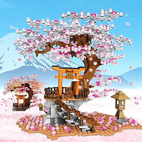 NEWRICE Casa del árbol de Sakura Juegos de Bloques de construcción con Luces,Kit de construcción del Santuario Inari,para Adultos o Mayores de 10 años,niños y niñas (1103 Piezas)