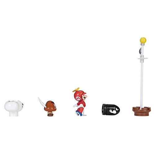 Nintendo Super Mario – Diorama en la Nube con 3 Figuras 6 cm y 2 Accesorios Accionables – La Bandera y la Nube son Accionables – Juguete para Niños 3 años +