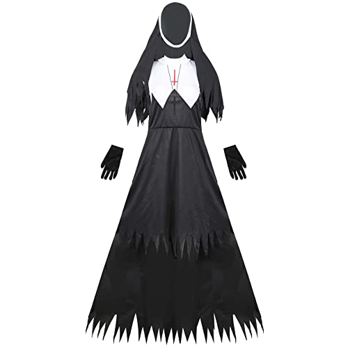 NISHIWOD Disfraz de Monja Halloween para Mujer Cosplay, Disfraz de Fiesta Terrorífico, Disfraz de Monja de Infierno Vestido Guantes Sombreros XL A