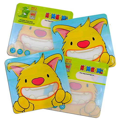 Nom Nom Kids 4 bolsas reutilizables para aperitivos, diseño de monstruo amarillo, sin BPA, sin fugas, doble cremallera hermética, ideal para destete de bebé, niños pequeños y aperitivos escolares,