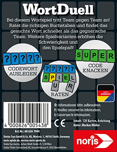 Noris- Buchstaben Duell Cartas a Partir de 8 años-complicado Juego de Equipo para 2 a 8 Jugadores a la tasa de Letras y Palabras, Multicolor (606261944)