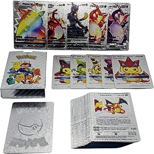 Nuevo 55 Cartas Pokem Plateada en Material PVC, Cartas en Ingles, Tarjetas Aleatoria Basic, V, Vmax, Gx,Vstar (Plateada)