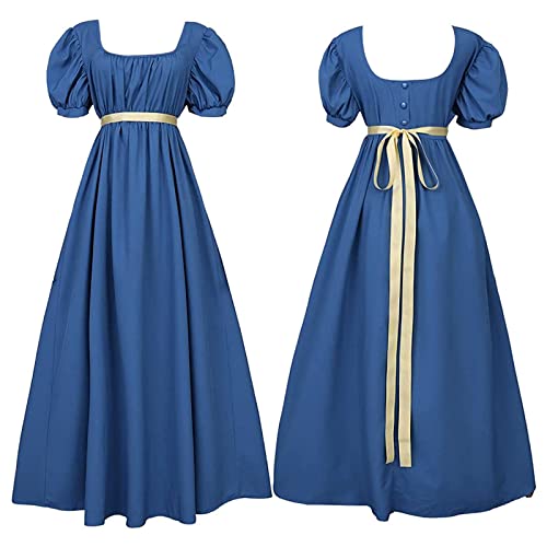 Oktoberfest - Vestidos de regencia para mujer con banda de satén con volantes y manga abombada, vestido de cintura imperio, Azul oscuro, L