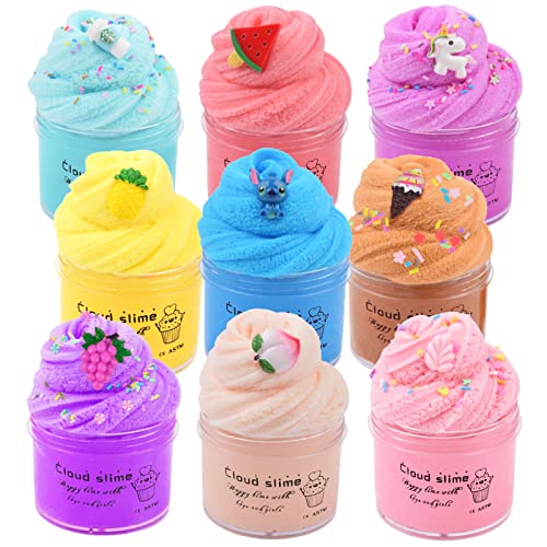 Paquete de 9 Mini Nubes Limo Slime para niñas,9 de Kits de Fluffy Cloud Slime,Incluye Unicornio Fruta Café y Stitch Slime Charms, etc. súper Suave y, Juguete de Masilla Anti-Stress para niñas y niños